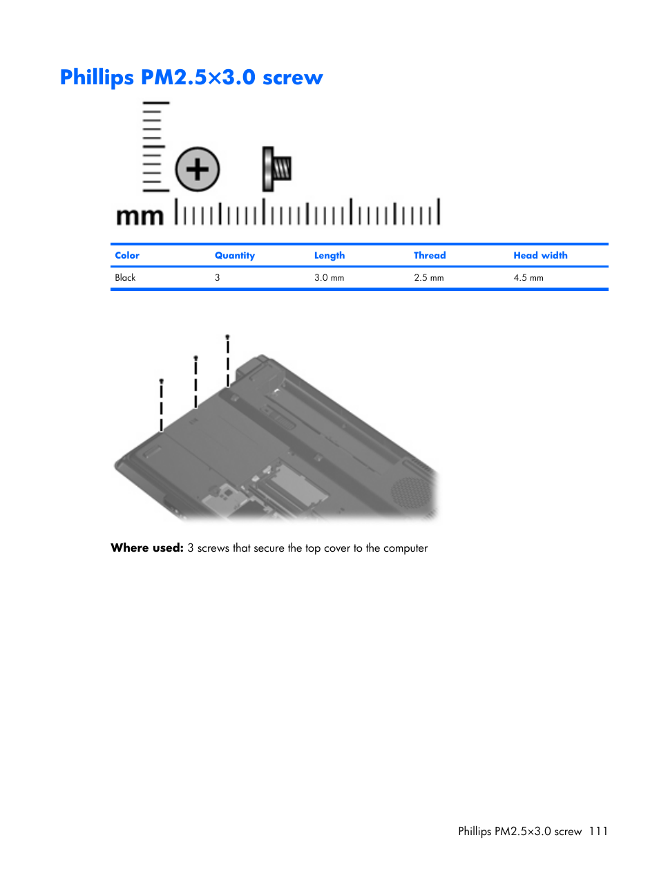 Phillips pm2.5×3.0 screw | Compaq V6500 User Manual | Page 119 / 148