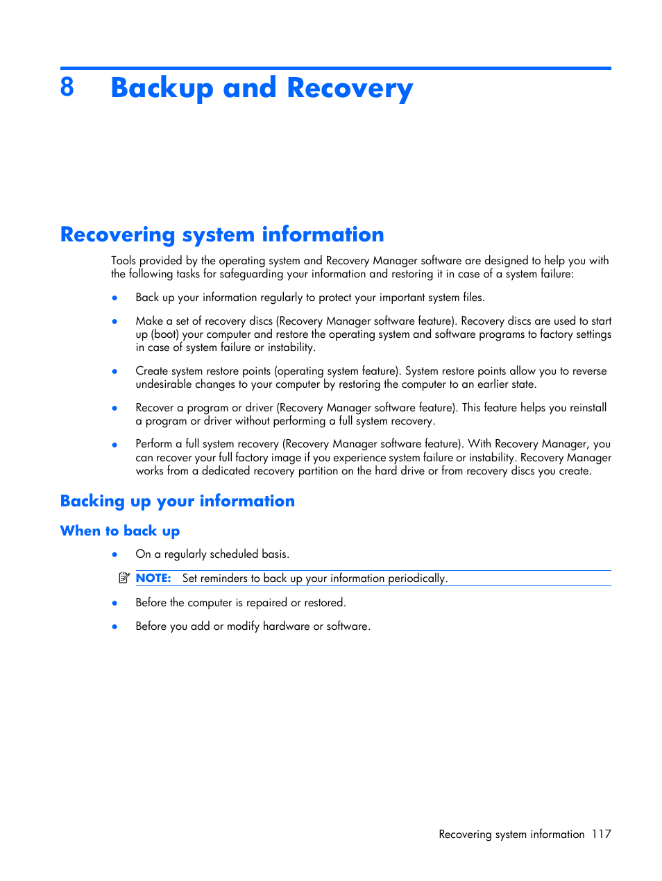Backup and recovery, Recovering system information, Backing up your information | When to back up, 8backup and recovery | Compaq V6500 User Manual | Page 125 / 148