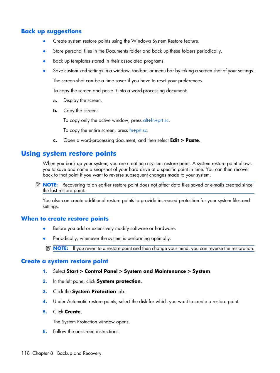 Back up suggestions, Using system restore points, When to create restore points | Create a system restore point | Compaq V6500 User Manual | Page 126 / 148