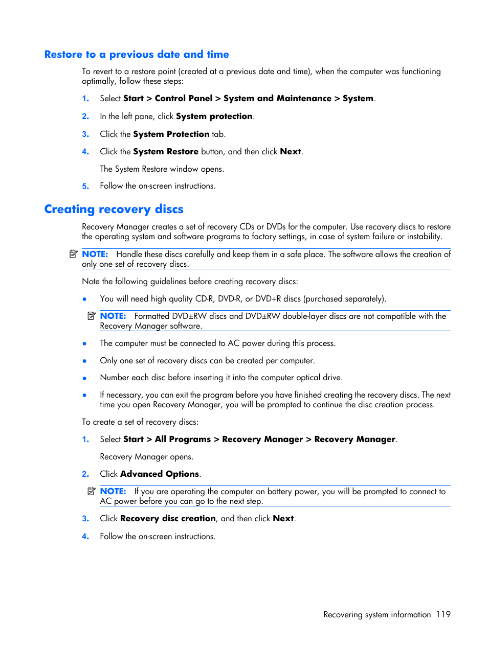 Restore to a previous date and time, Creating recovery discs | Compaq V6500 User Manual | Page 127 / 148