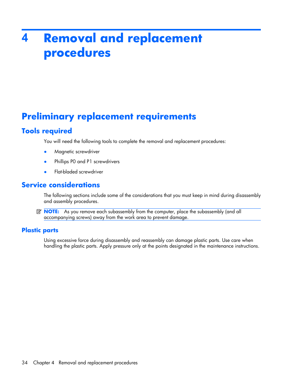 Removal and replacement procedures, Preliminary replacement requirements, Tools required | Service considerations, Plastic parts, 4removal and replacement procedures | Compaq V6500 User Manual | Page 42 / 148