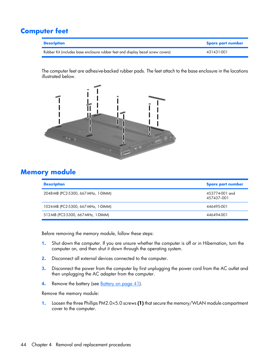 Computer feet, Memory module | Compaq V6500 User Manual | Page 52 / 148