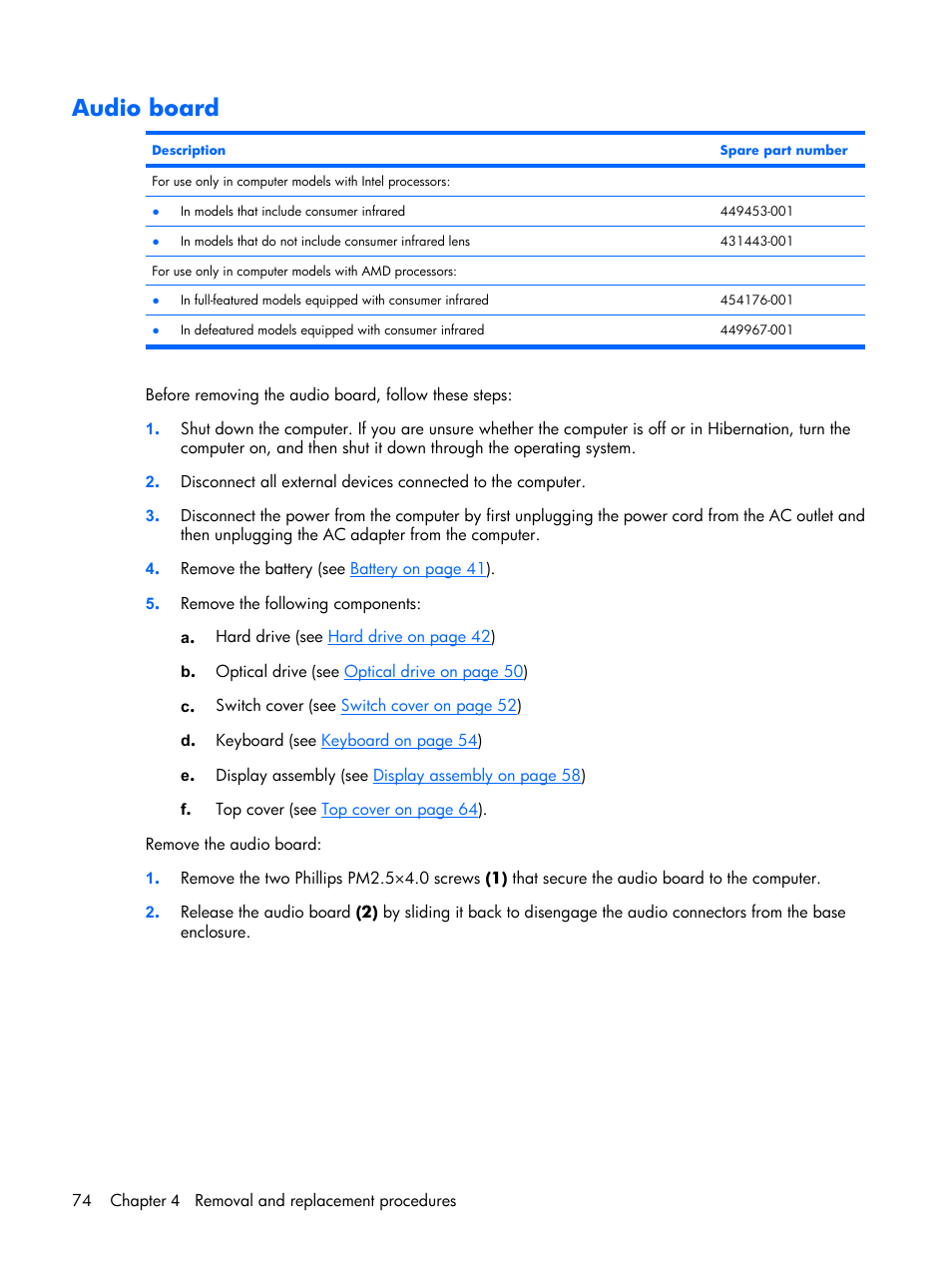 Audio board | Compaq V6500 User Manual | Page 82 / 148