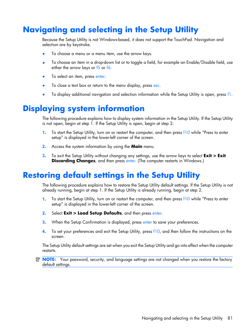 Navigating and selecting in the setup utility, Displaying system information, Restoring default settings in the setup utility | Compaq V6500 User Manual | Page 89 / 148