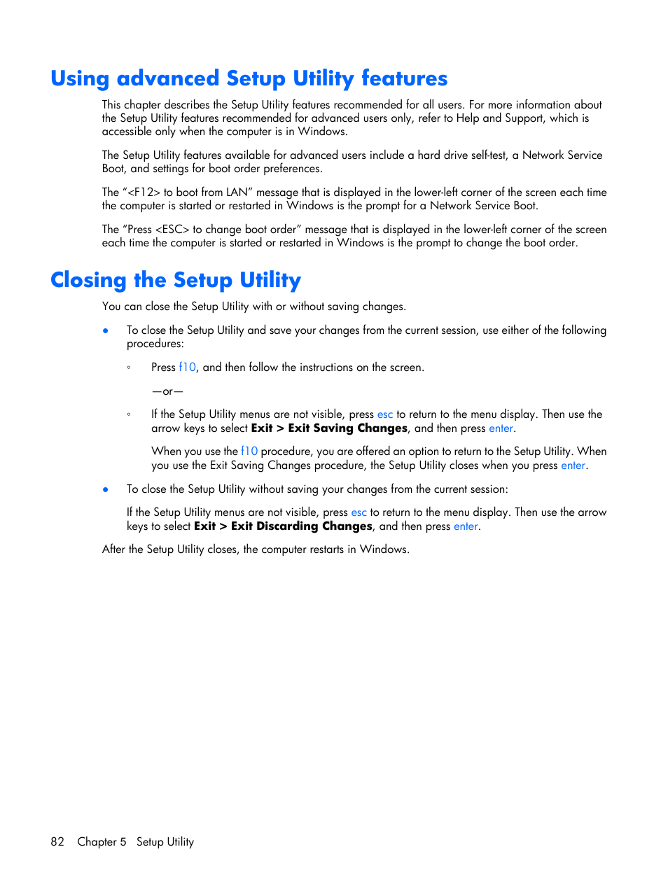 Using advanced setup utility features, Closing the setup utility | Compaq V6500 User Manual | Page 90 / 148