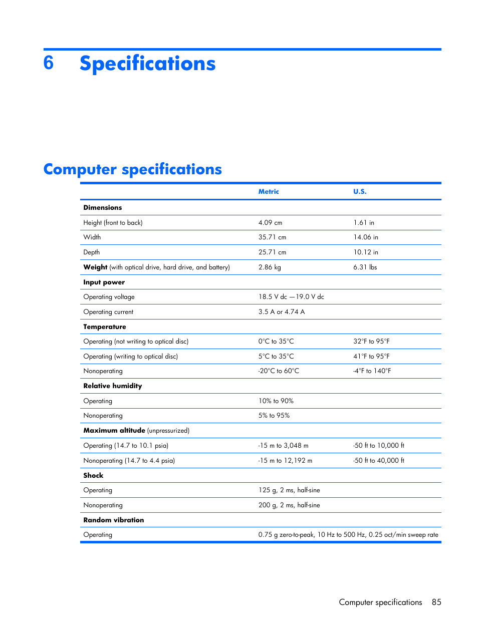 Specifications, Computer specifications, 6specifications | Compaq V6500 User Manual | Page 93 / 148