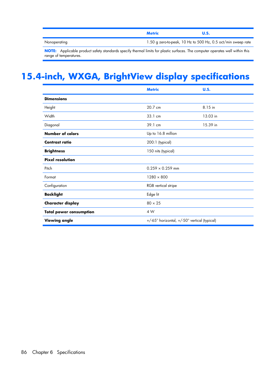 Inch, wxga, brightview display specifications, 86 chapter 6 specifications | Compaq V6500 User Manual | Page 94 / 148