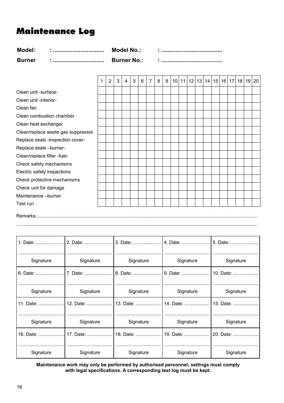 Maintenance log | REMKO CLK 30 User Manual | Page 18 / 20