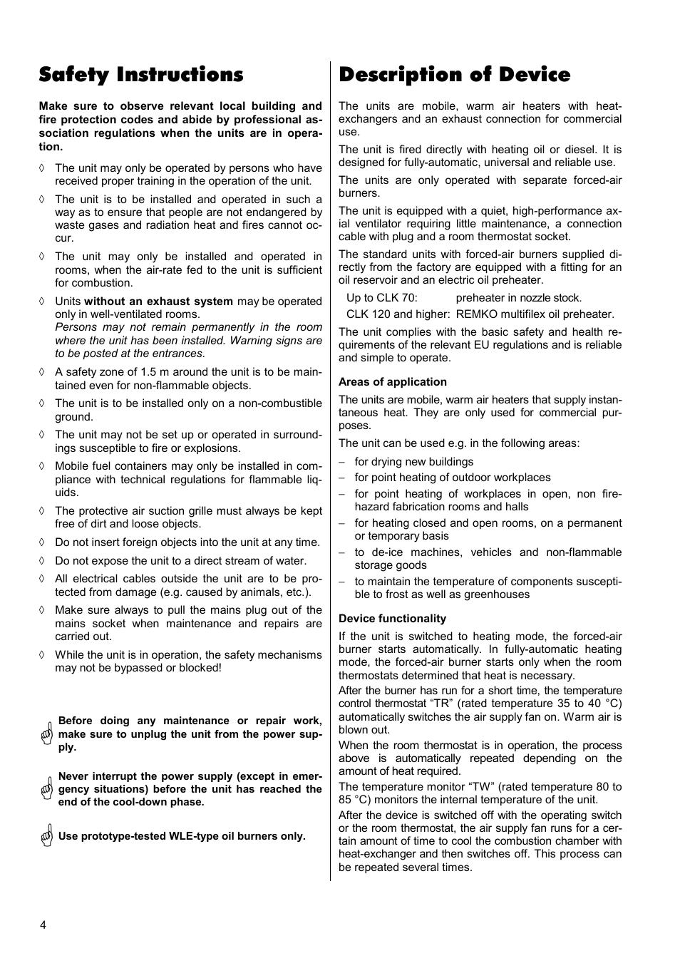 Safety instructions, Description of device | REMKO CLK 30 User Manual | Page 4 / 20