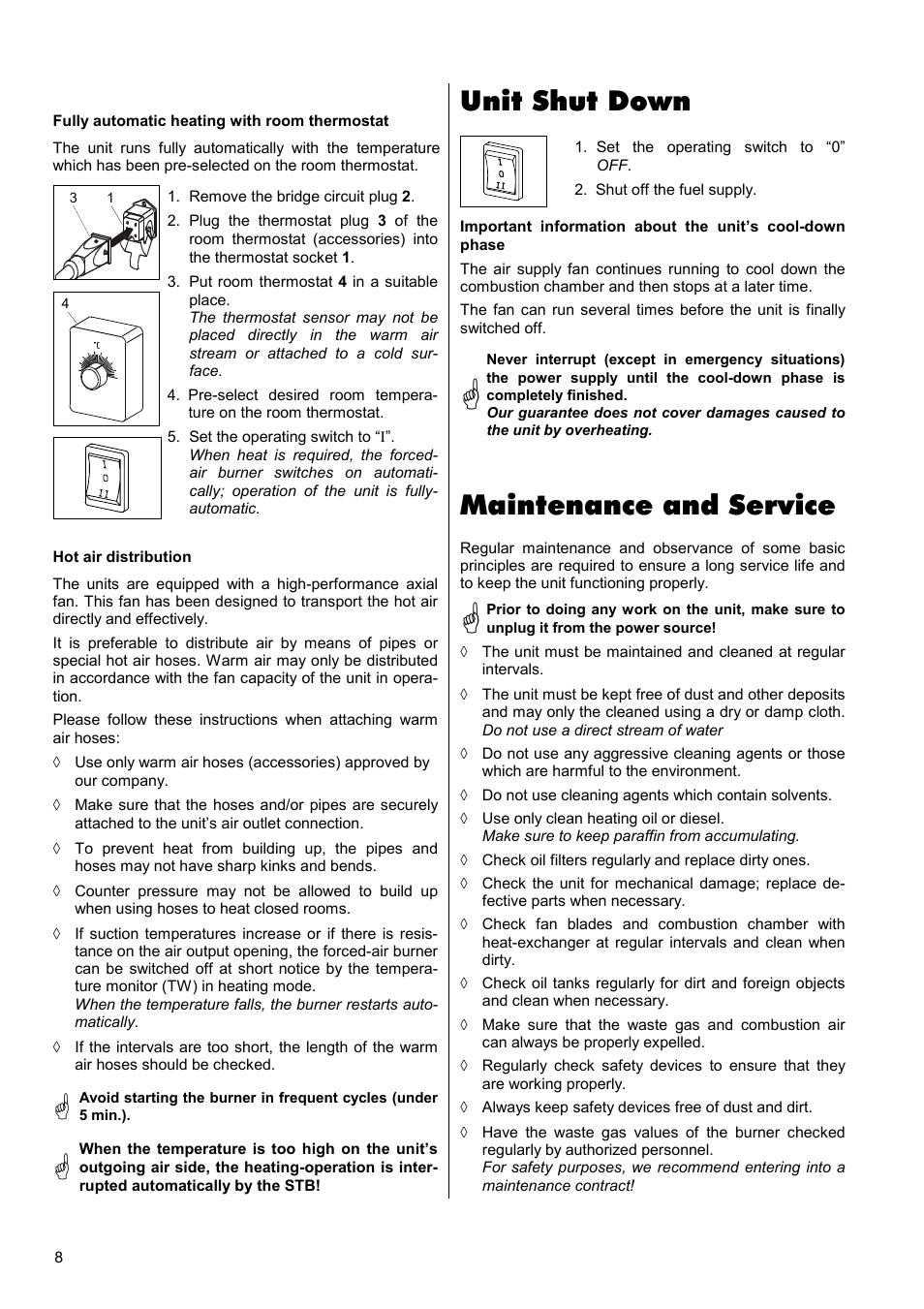 Unit shut down, Maintenance and service | REMKO CLK 30 User Manual | Page 8 / 20