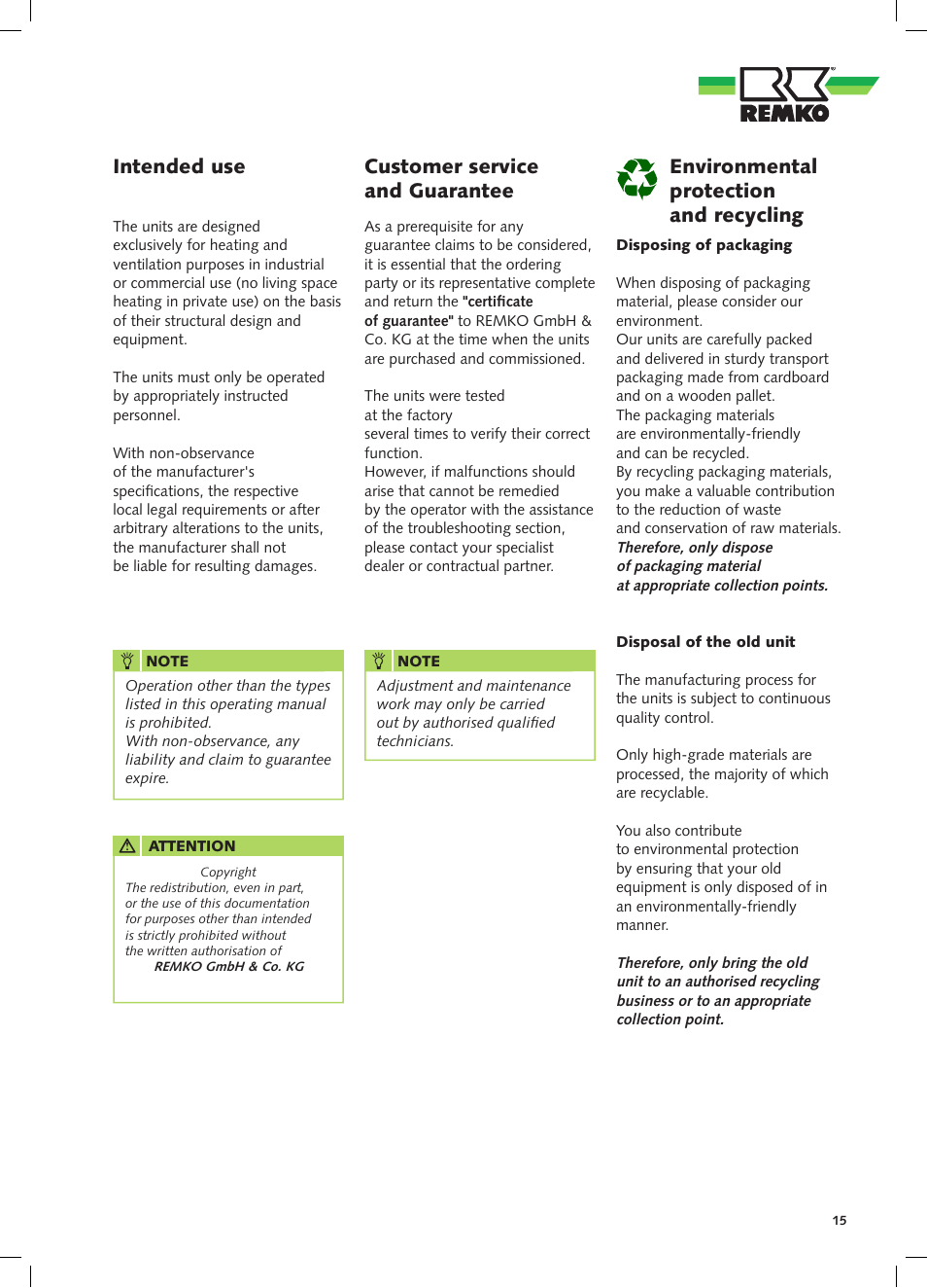 Customer service and guarantee, Intended use, Environmental protection and recycling | REMKO CLK 80-RV User Manual | Page 15 / 24