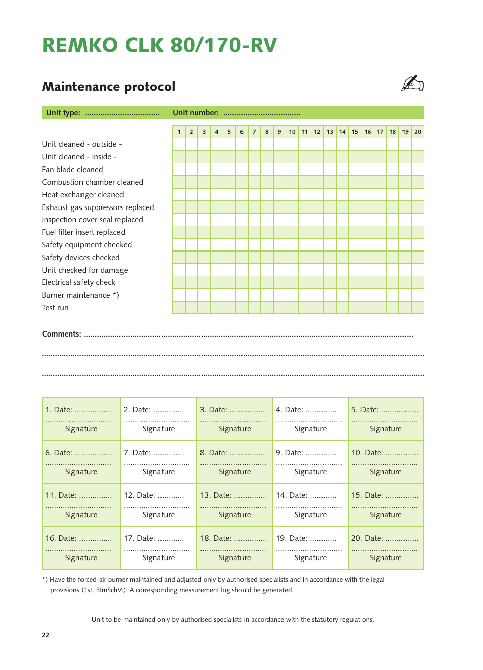 Maintenance protocol | REMKO CLK 80-RV User Manual | Page 22 / 24