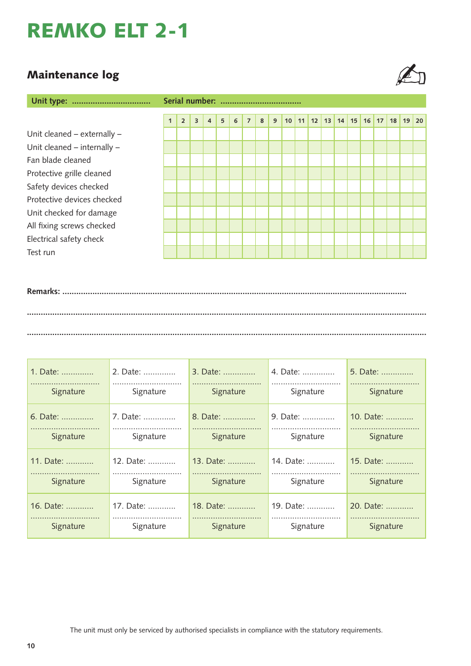 Remko elt 2-1, Maintenance log | REMKO ELT 2-1 User Manual | Page 10 / 12
