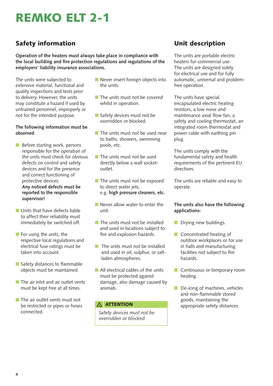 Remko elt 2-1, Safety information, Unit description | REMKO ELT 2-1 User Manual | Page 4 / 12