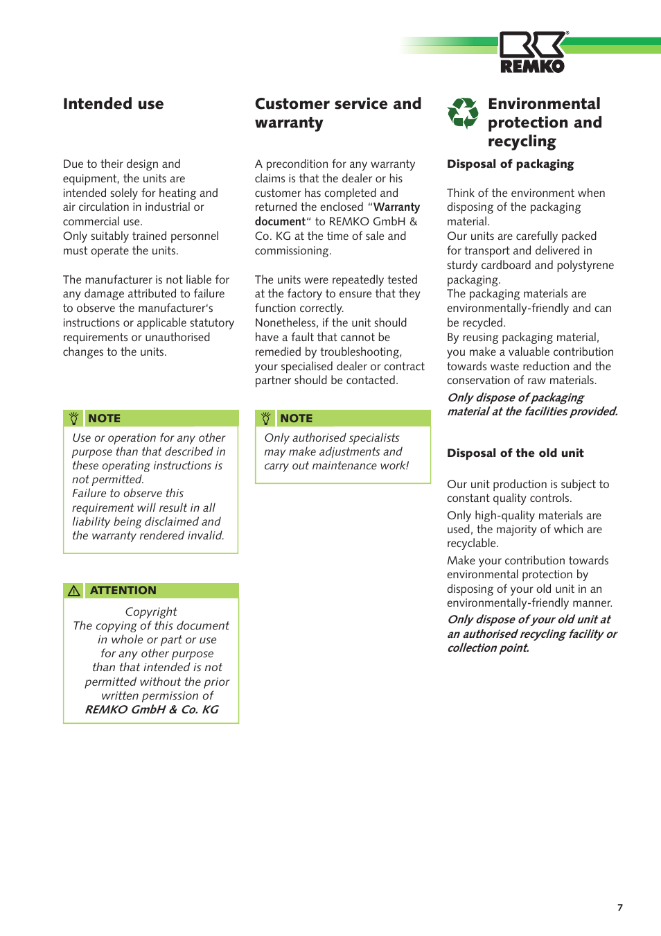 Intended use customer service and warranty, Environmental protection and recycling | REMKO ELT 2-1 User Manual | Page 7 / 12