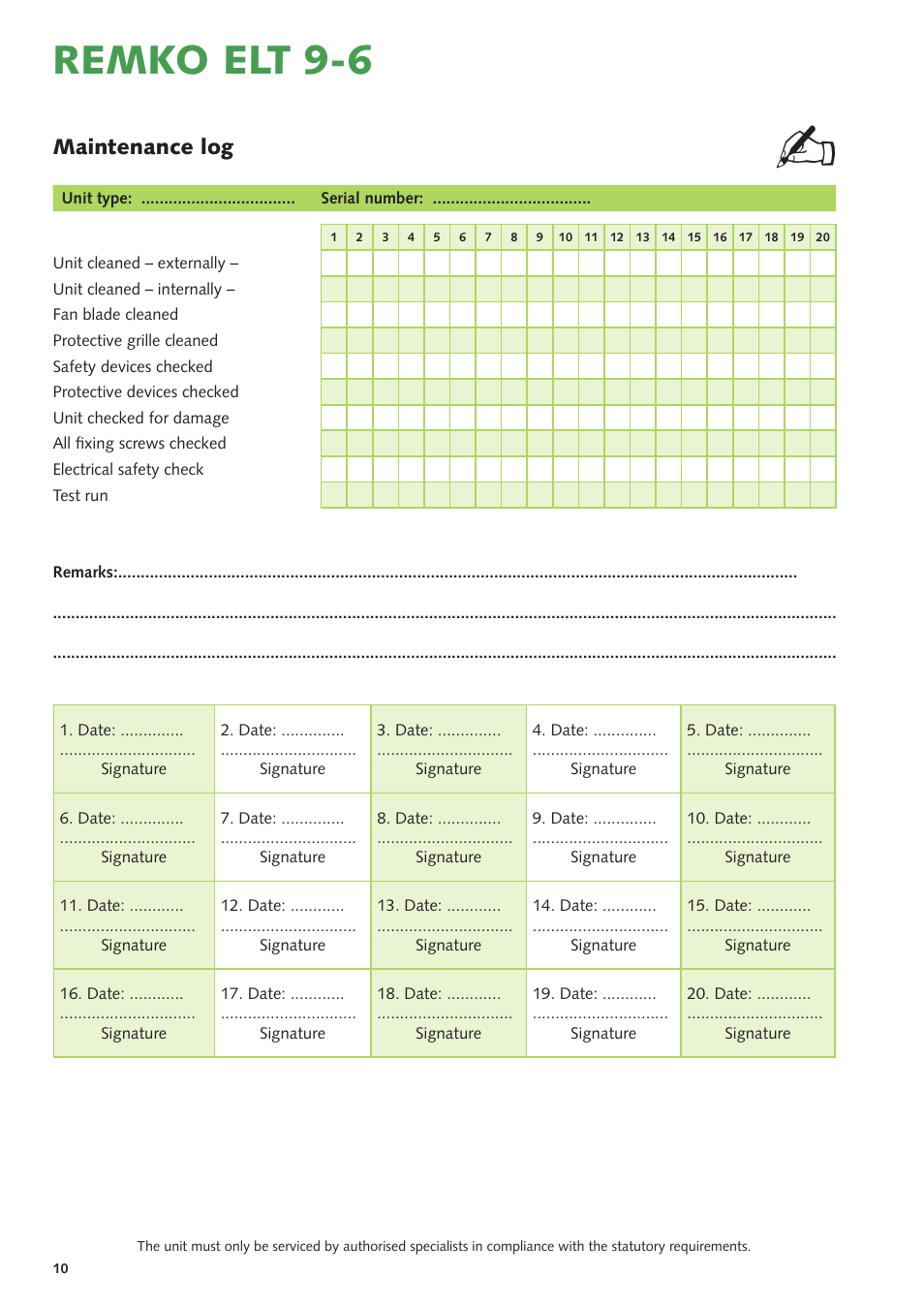 Remko elt 9-6, Maintenance log | REMKO ELT 9-6 User Manual | Page 10 / 12