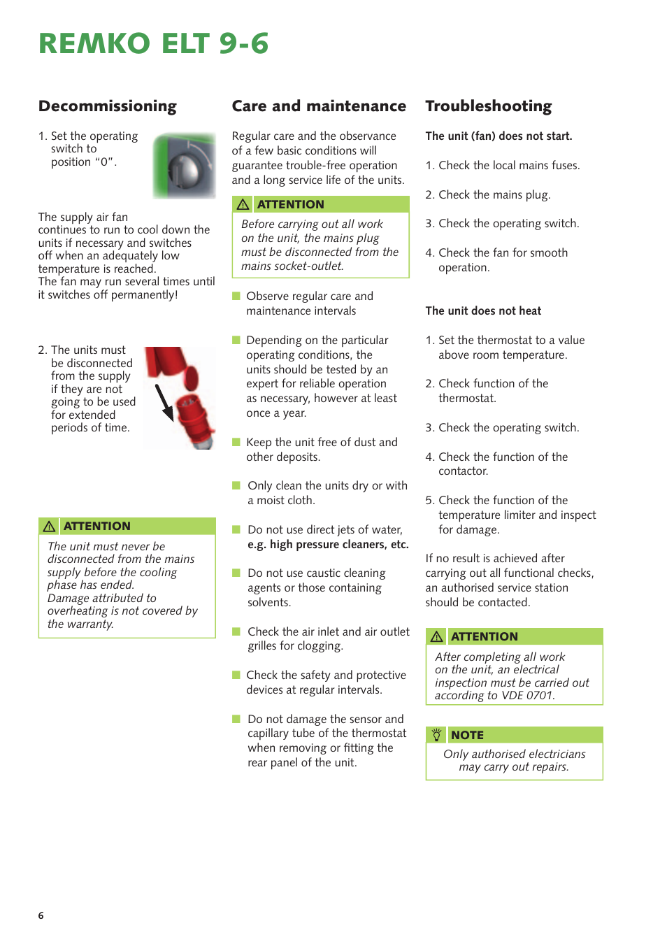 Remko elt 9-6, Troubleshooting, Care and maintenance | Decommissioning | REMKO ELT 9-6 User Manual | Page 6 / 12