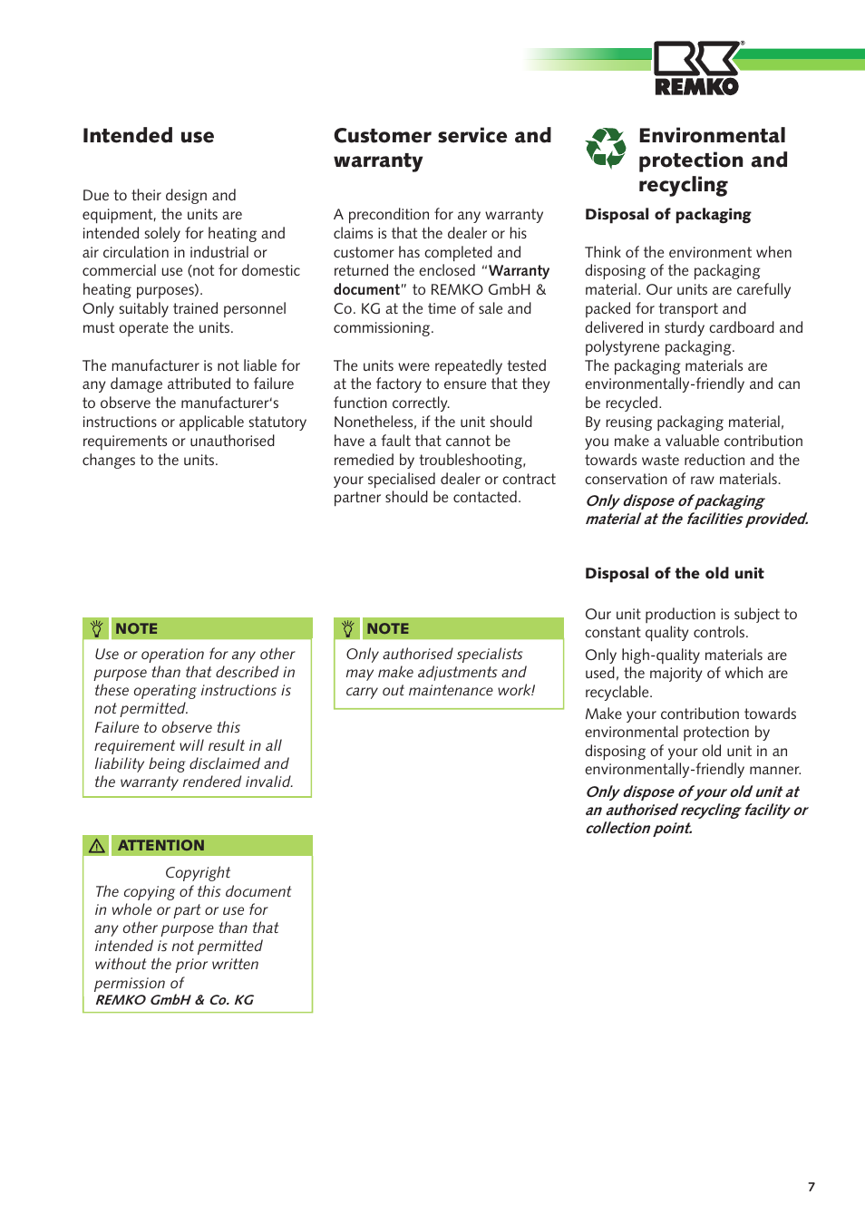 Intended use customer service and warranty, Environmental protection and recycling | REMKO ELT 9-6 User Manual | Page 7 / 12