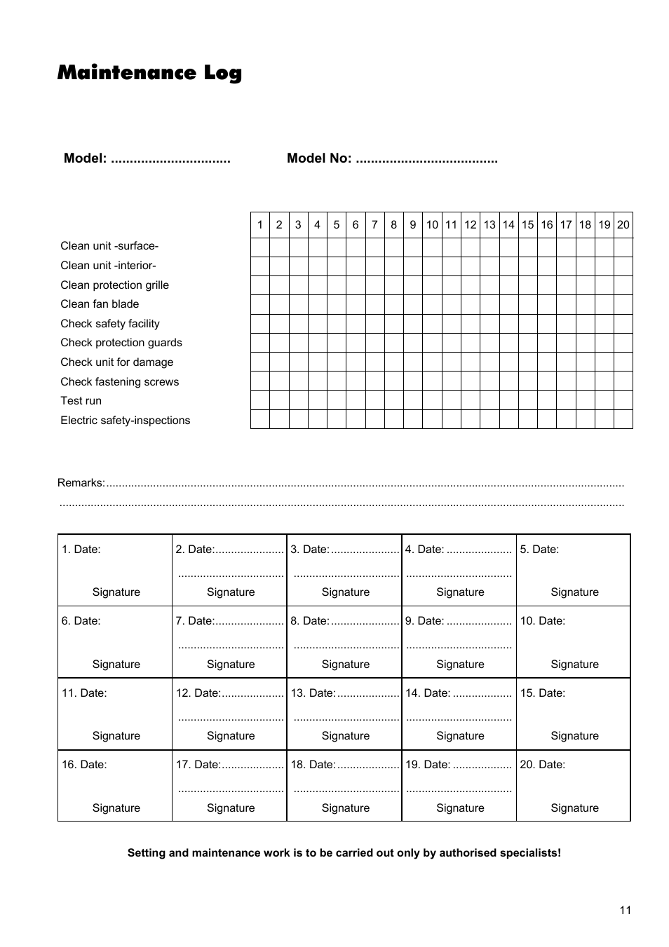 Maintenance log | REMKO ELT 18-S User Manual | Page 11 / 12