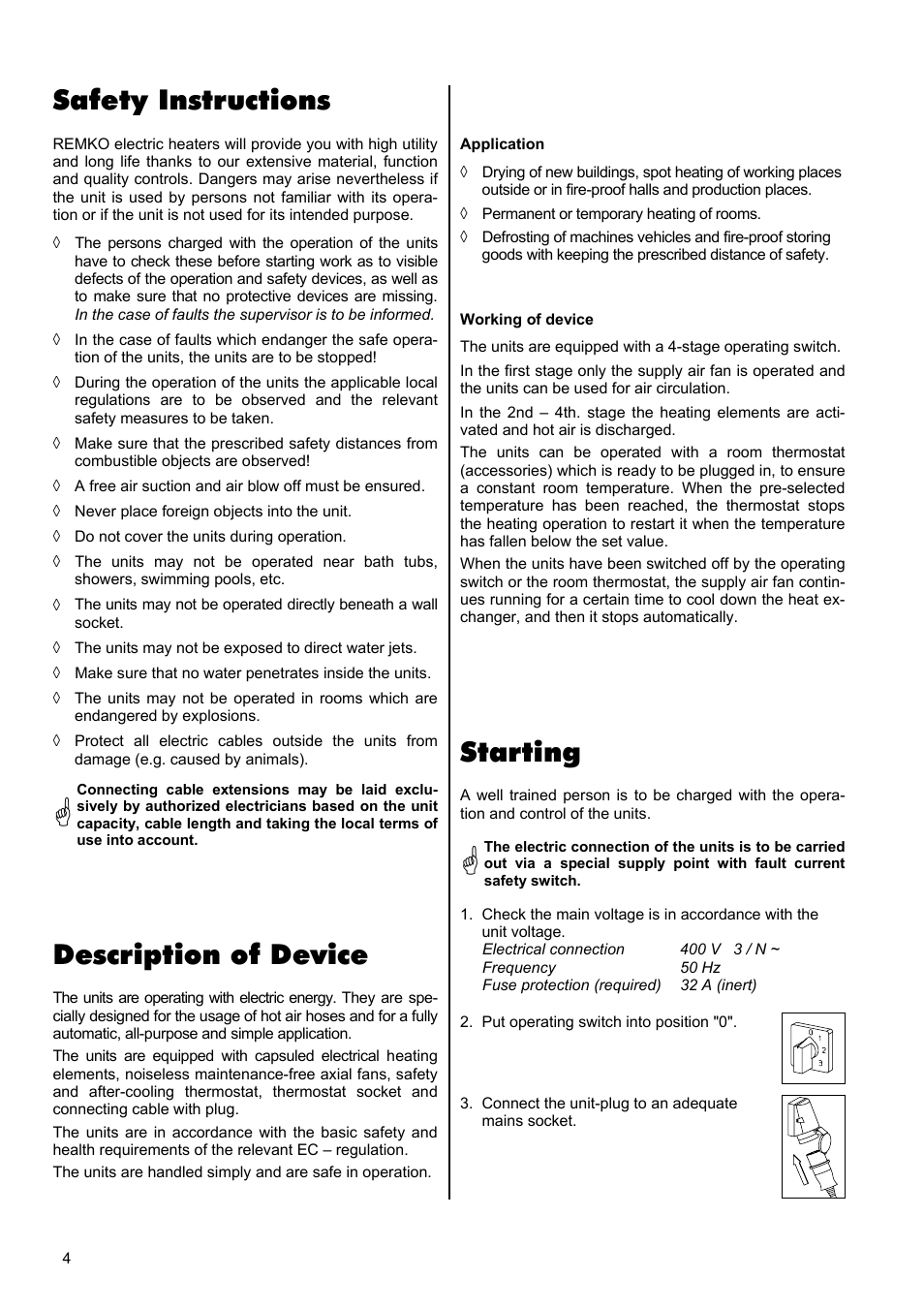 Description of device, Starting, Safety instructions | REMKO ELT 18-S User Manual | Page 4 / 12