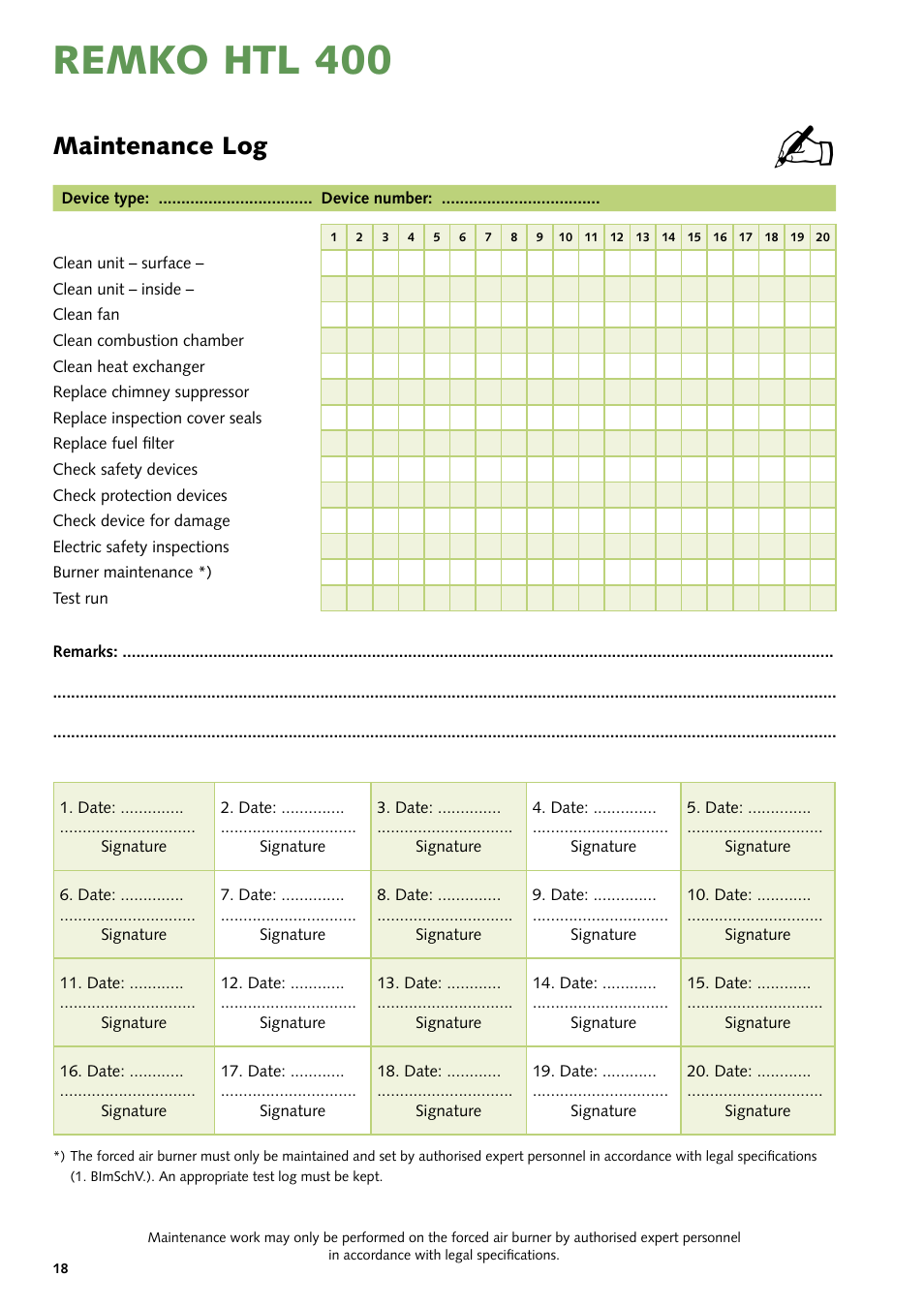 Remko htl 400, Maintenance log | REMKO HTL 400 User Manual | Page 18 / 20