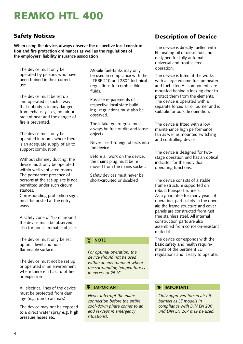Remko htl 400, Description of device, Safety notices | REMKO HTL 400 User Manual | Page 4 / 20
