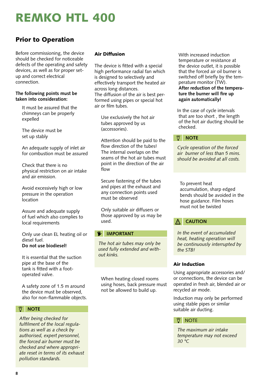 Remko htl 400, Prior to operation | REMKO HTL 400 User Manual | Page 8 / 20