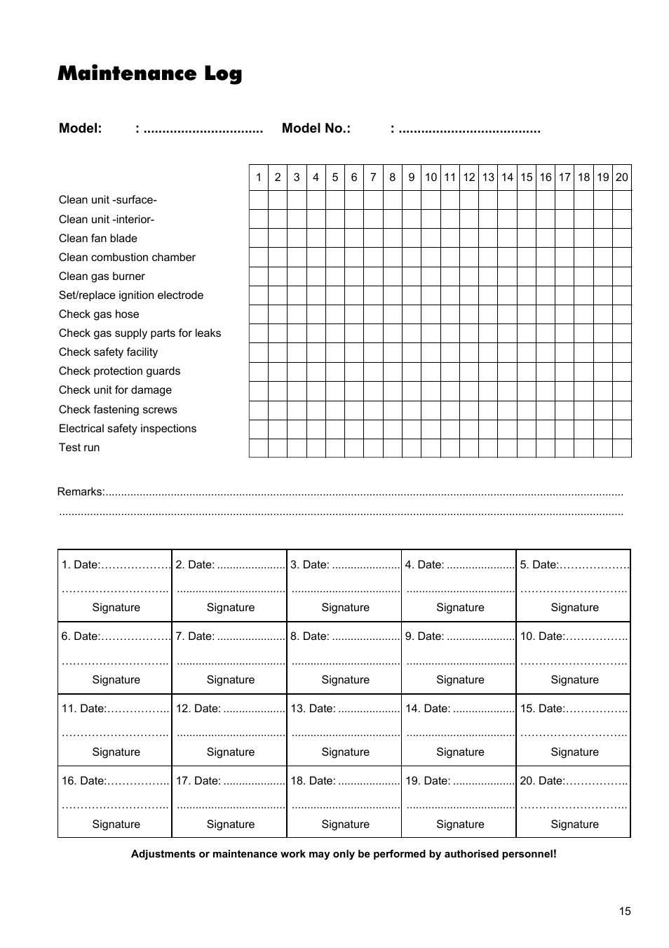 Maintenance log | REMKO PGM 30 User Manual | Page 15 / 16