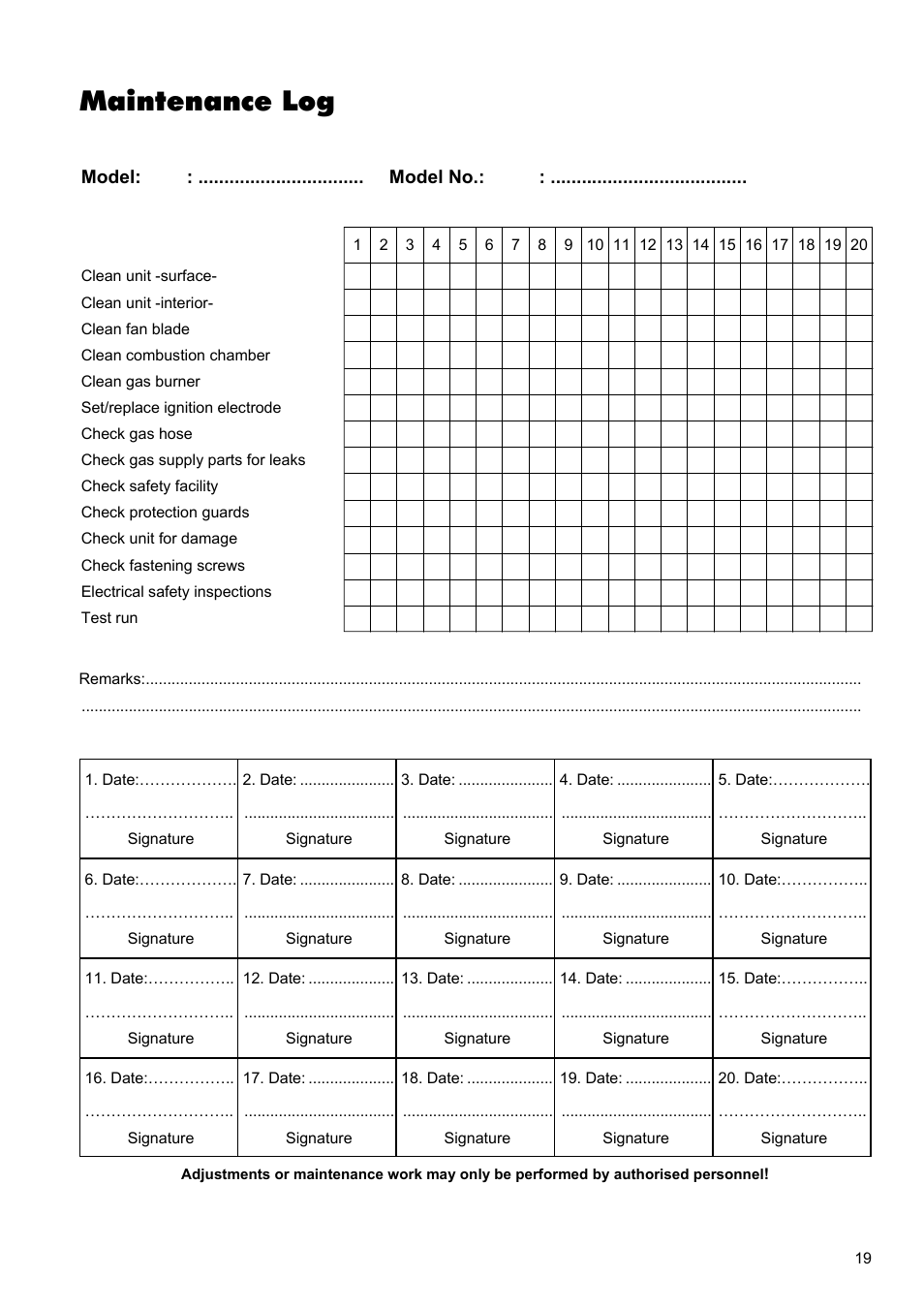 Maintenance log | REMKO PGT 30 User Manual | Page 19 / 20