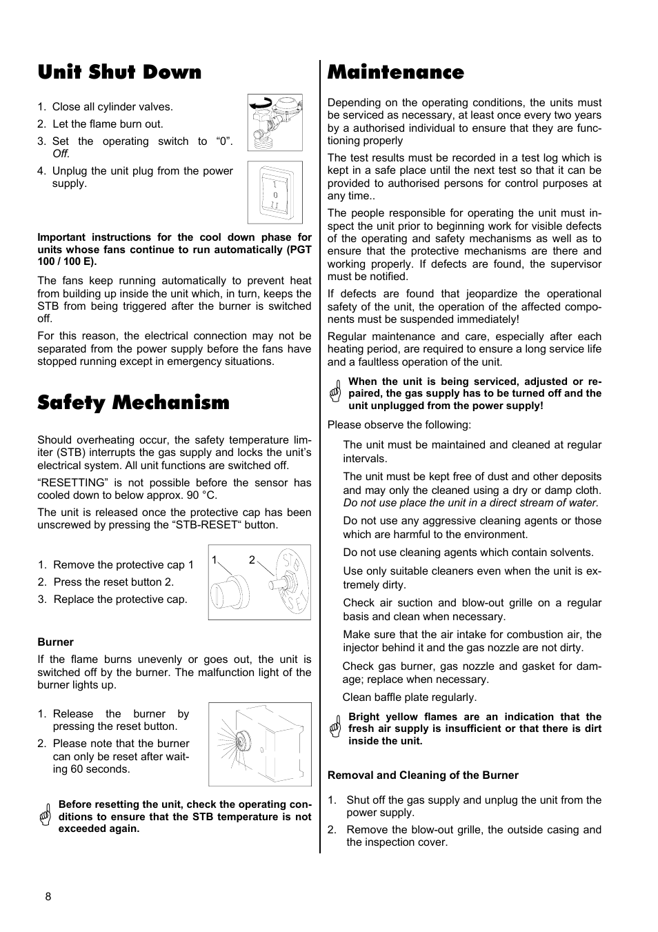 Safety mechanism, Maintenance, Unit shut down | REMKO PGT 30 User Manual | Page 8 / 20