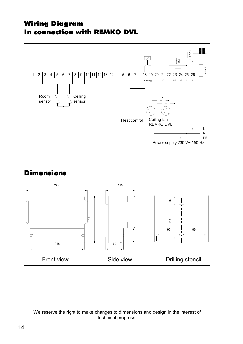 Wiring diagram in connection with remko dvl, Dimensions, Front view side view drilling stencil | REMKO ATR-3 User Manual | Page 14 / 16
