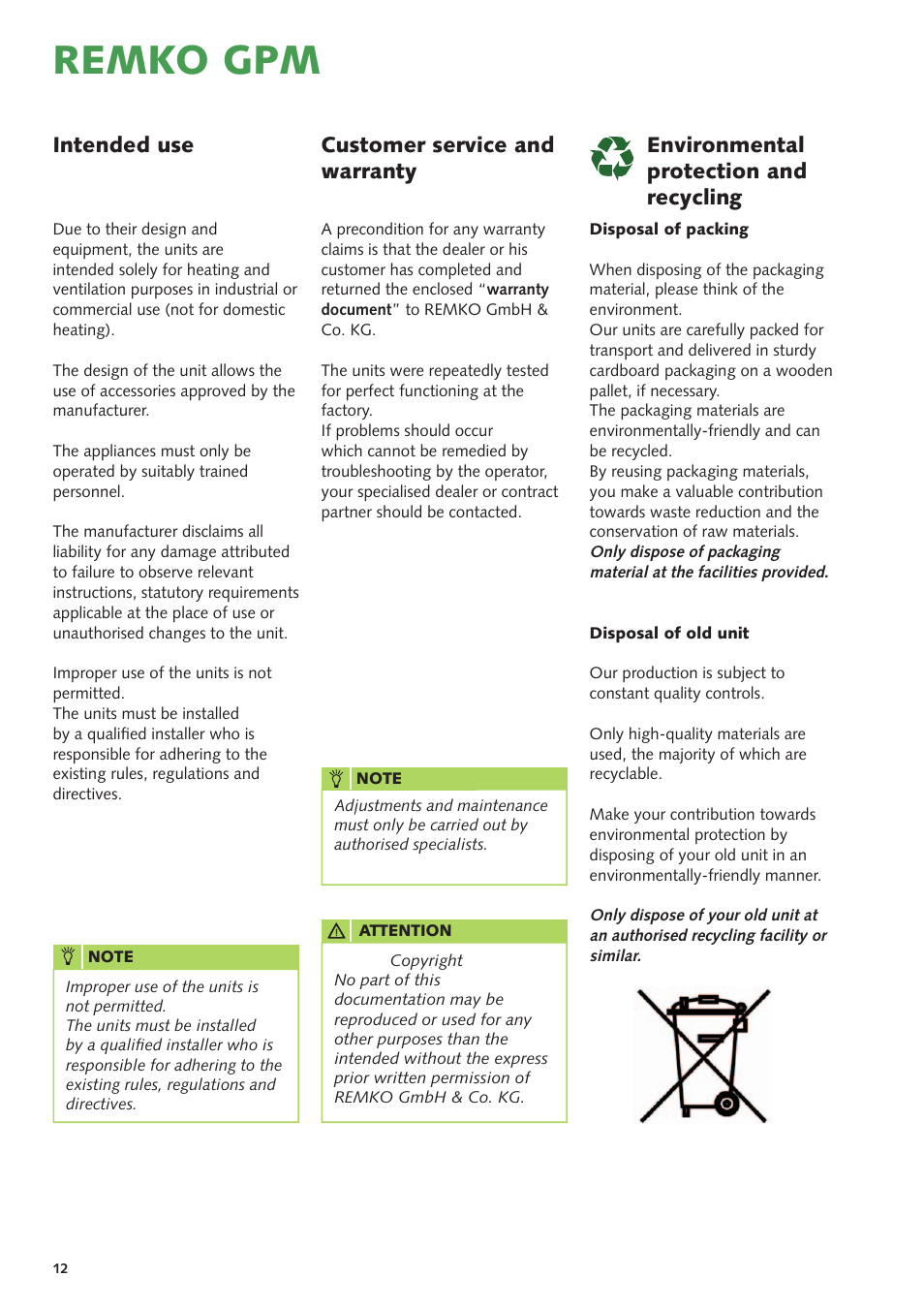 Remko gpm, Customer service and warranty, Intended use | Environmental protection and recycling | REMKO GPM 15 User Manual | Page 12 / 44