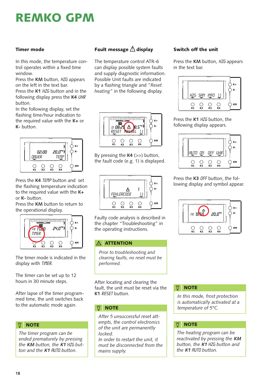 Remko gpm, Timer, Temp | Auto, Reset | REMKO GPM 15 User Manual | Page 18 / 44