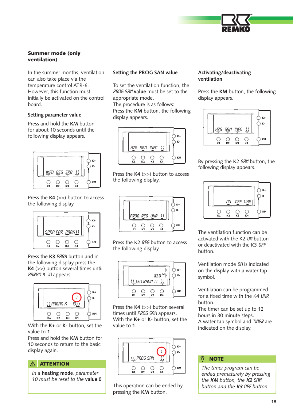 Park, Param k 10, Prog san | Timer | REMKO GPM 15 User Manual | Page 19 / 44