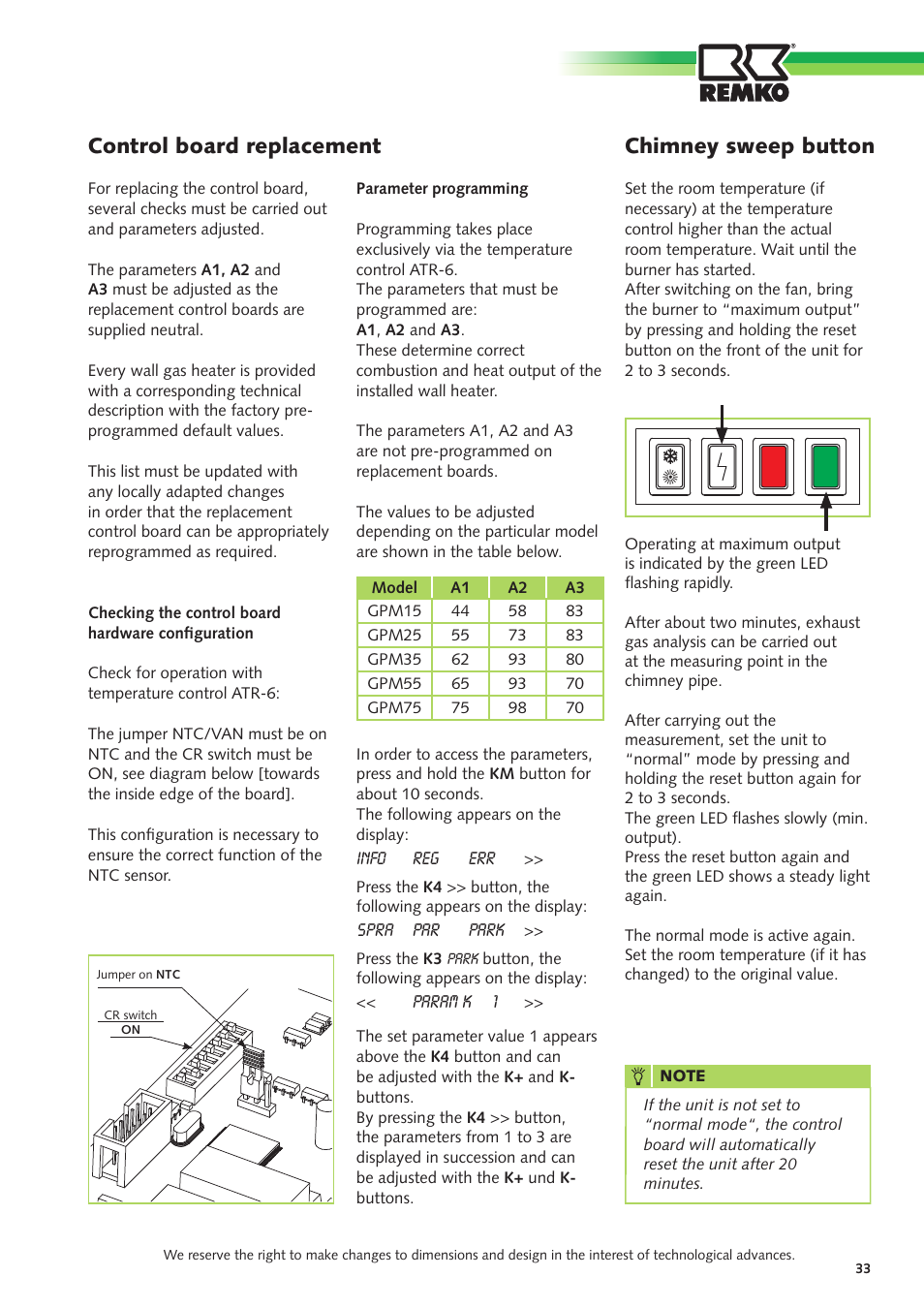 Control board replacement, Chimney sweep button | REMKO GPM 15 User Manual | Page 33 / 44