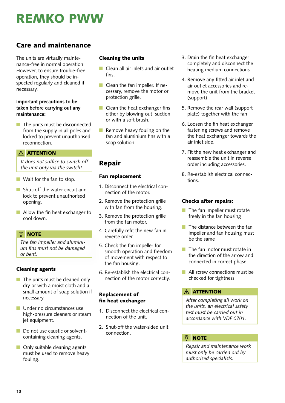 Remko pww, Care and maintenance, Repair | REMKO PWW Series User Manual | Page 10 / 36