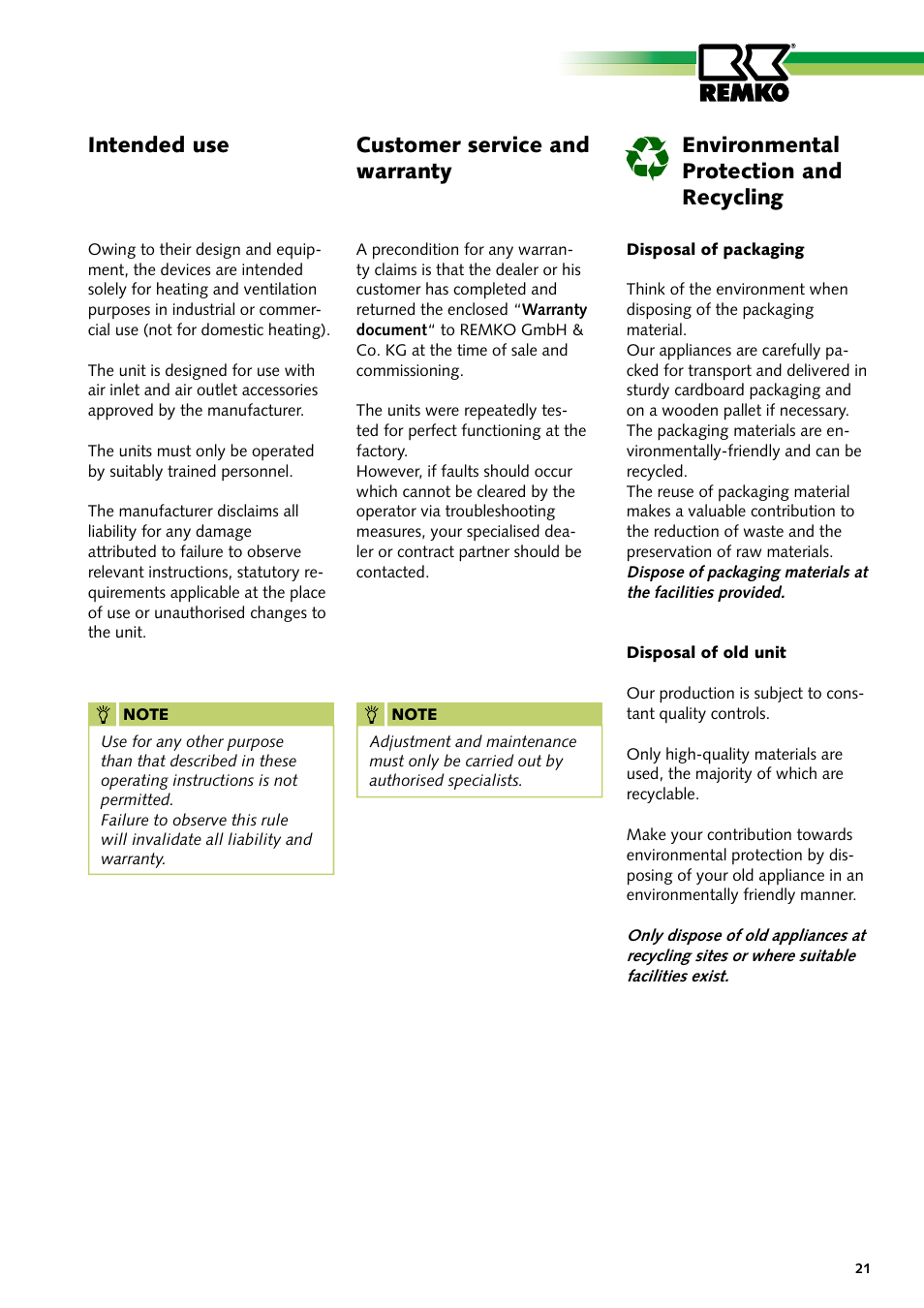 Customer service and warranty, Intended use, Environmental protection and recycling | REMKO PWW Series User Manual | Page 21 / 36