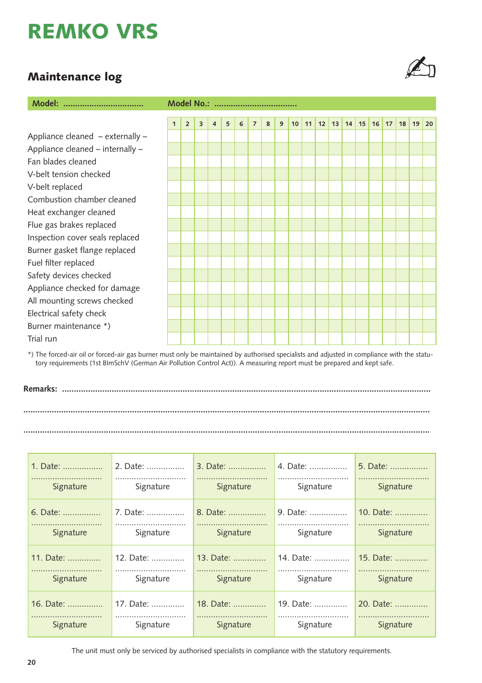 Remko vrs, Maintenance log | REMKO VRS Series User Manual | Page 20 / 36