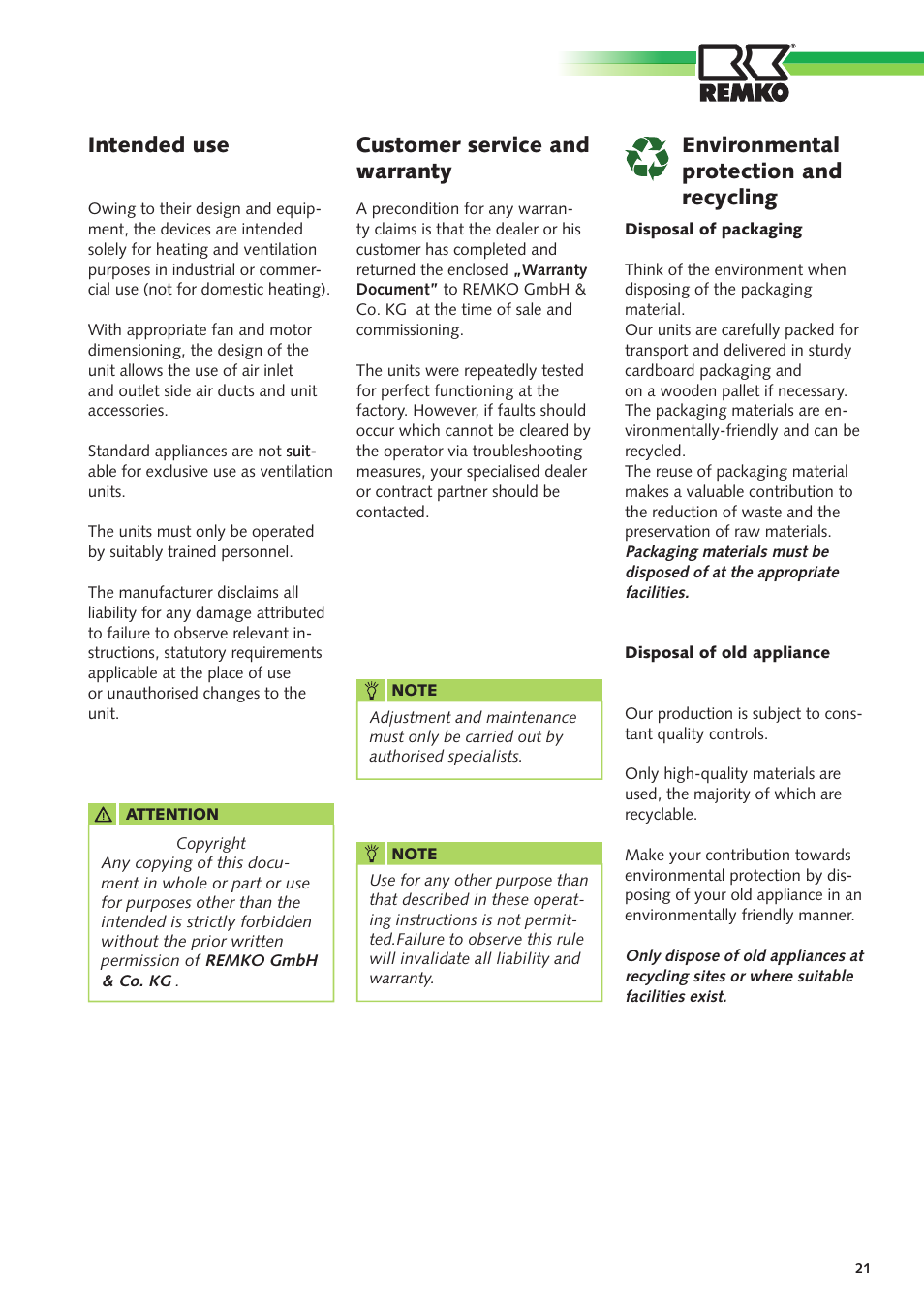 Customer service and warranty, Intended use, Environmental protection and recycling | REMKO VRS Series User Manual | Page 21 / 36