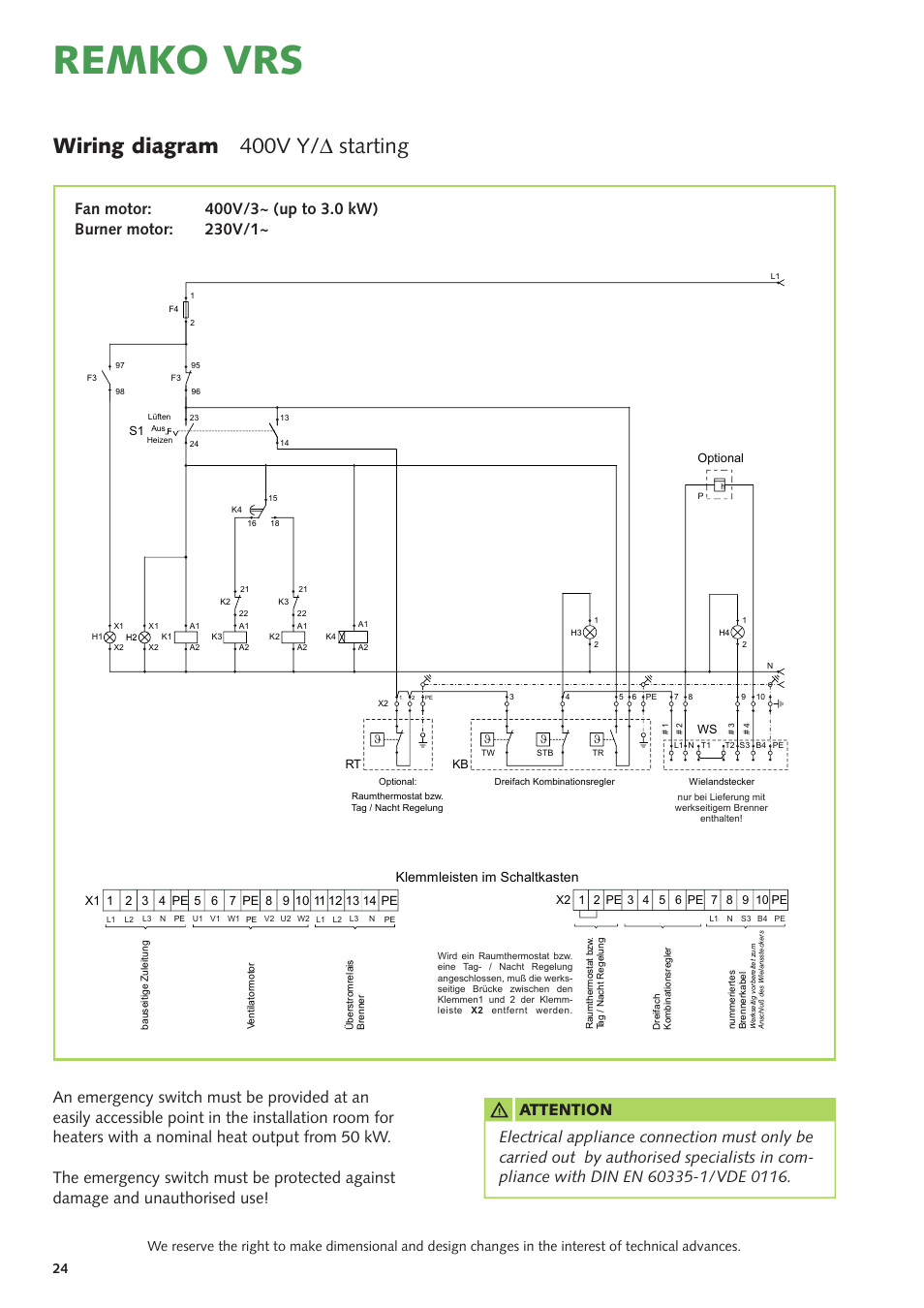 Remko vrs, Wiring diagram 400v y/ δ starting, Klemmleisten im schaltkasten | REMKO VRS Series User Manual | Page 24 / 36