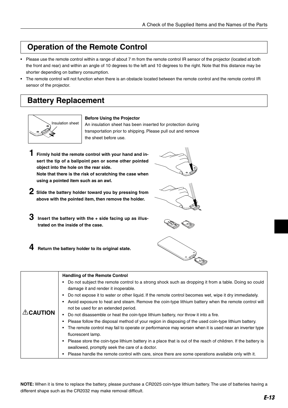 Operation of the remote control, Battery replacement | Compaq iP-25E User Manual | Page 13 / 48