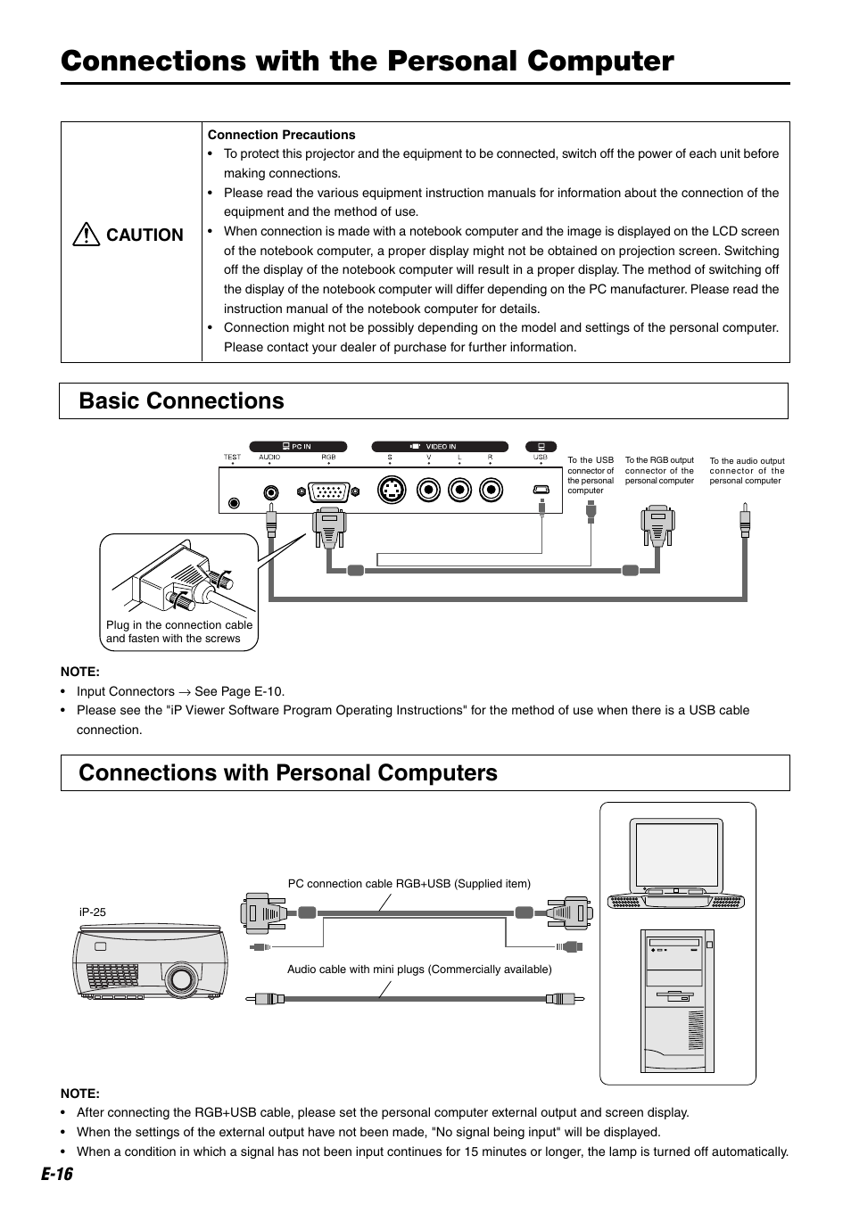 Connections with the personal computer, Connections with personal computers, Basic connections | E-16, Caution | Compaq iP-25E User Manual | Page 16 / 48