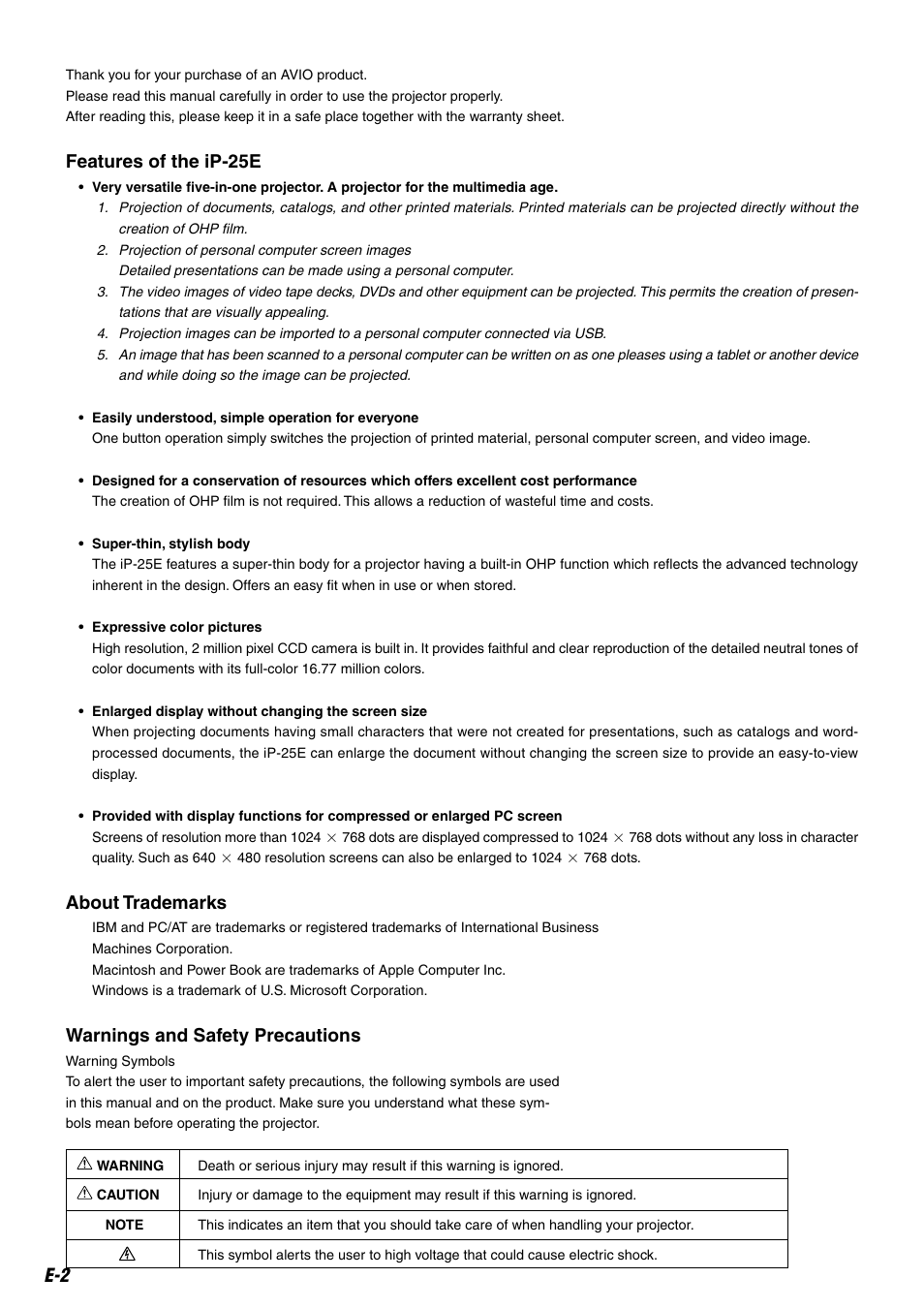 Features of the ip-25e, About trademarks, Warnings and safety precautions | Compaq iP-25E User Manual | Page 2 / 48
