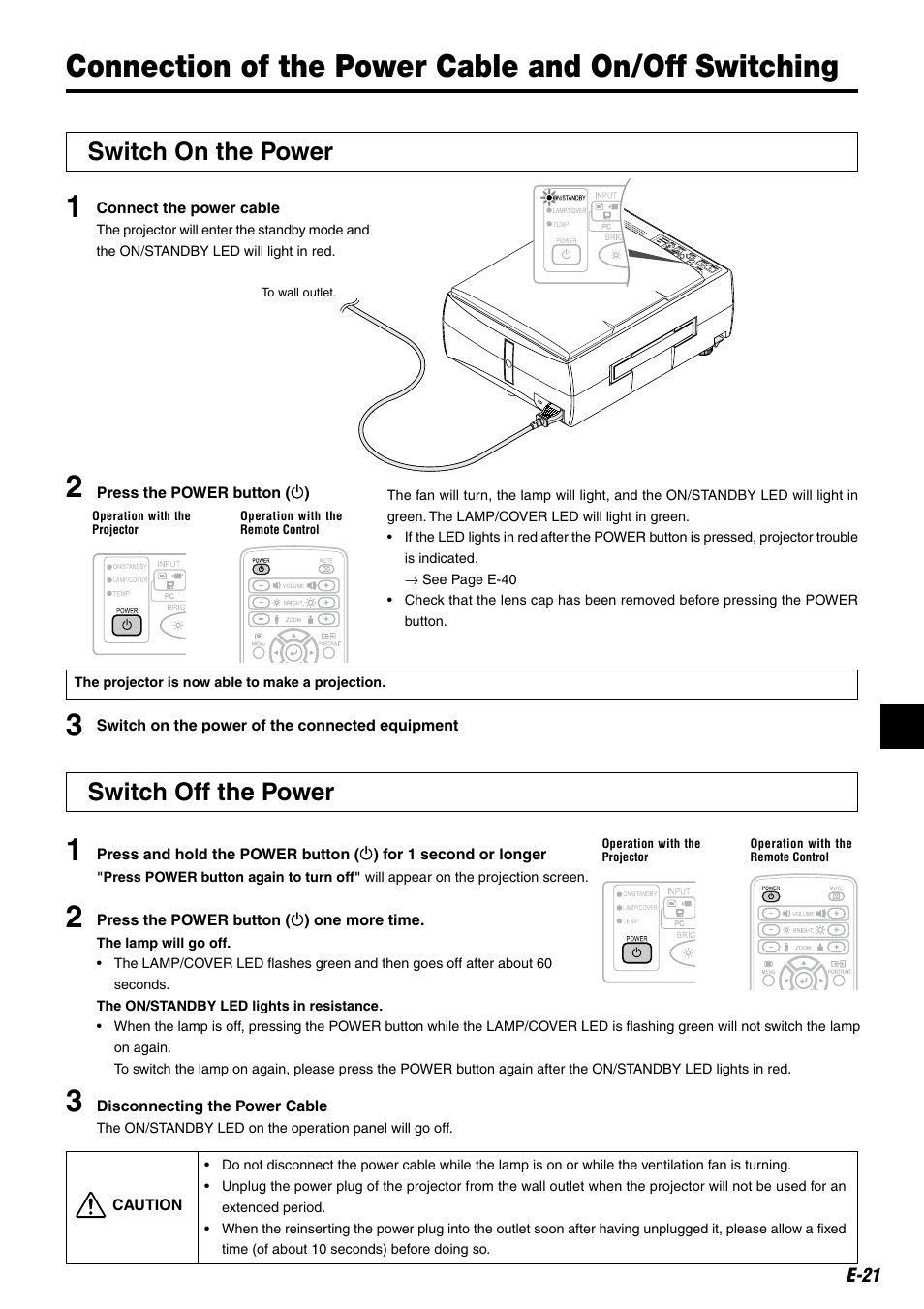 Connection of the power cable and on/off switching, Switch off the power, Switch on the power | Compaq iP-25E User Manual | Page 21 / 48