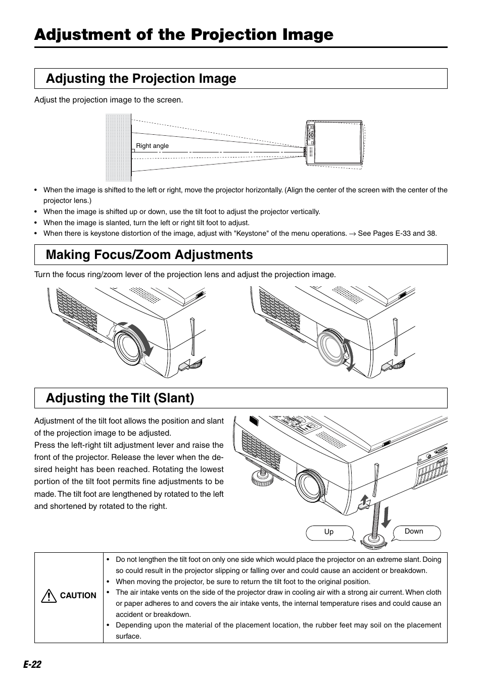 Adjustment of the projection image, Adjusting the projection image, Making focus/zoom adjustments | Adjusting the tilt (slant) | Compaq iP-25E User Manual | Page 22 / 48