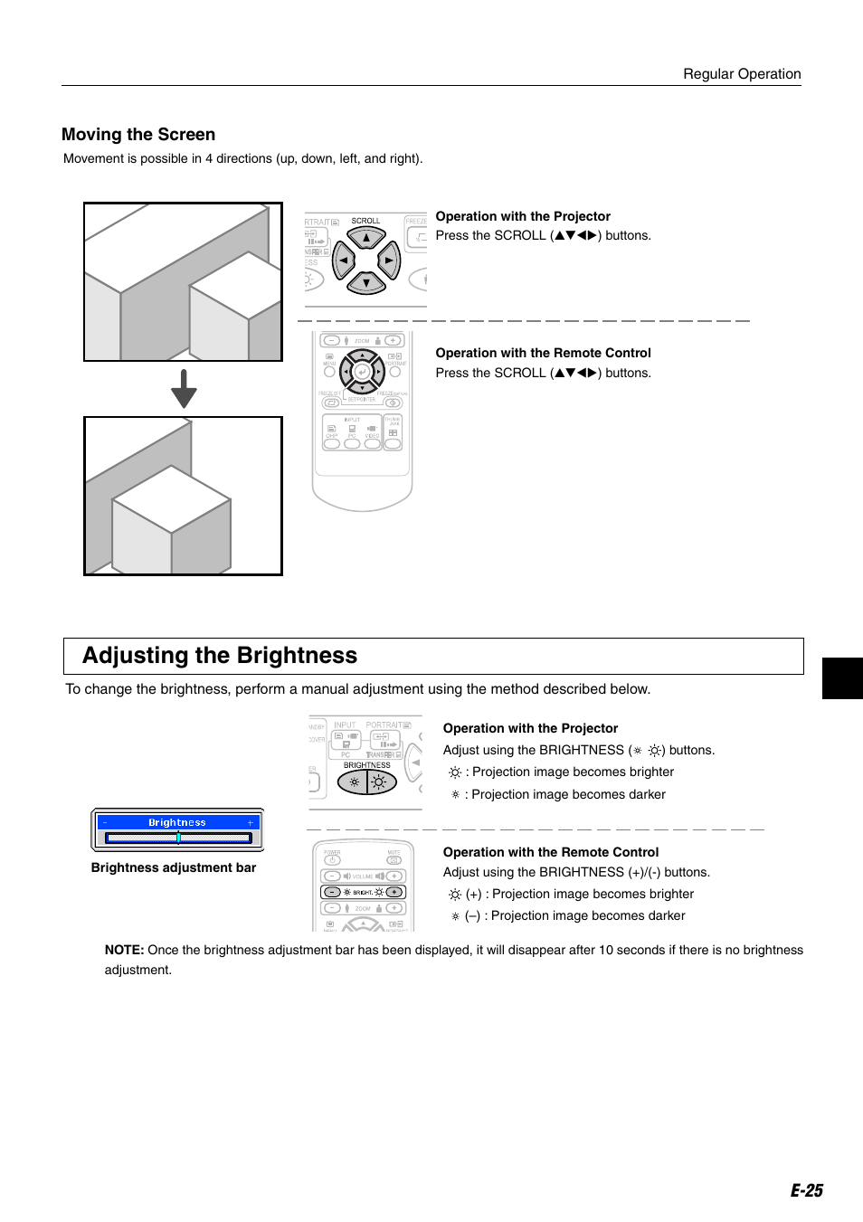 Adjusting the brightness, E-25, Moving the screen | Compaq iP-25E User Manual | Page 25 / 48