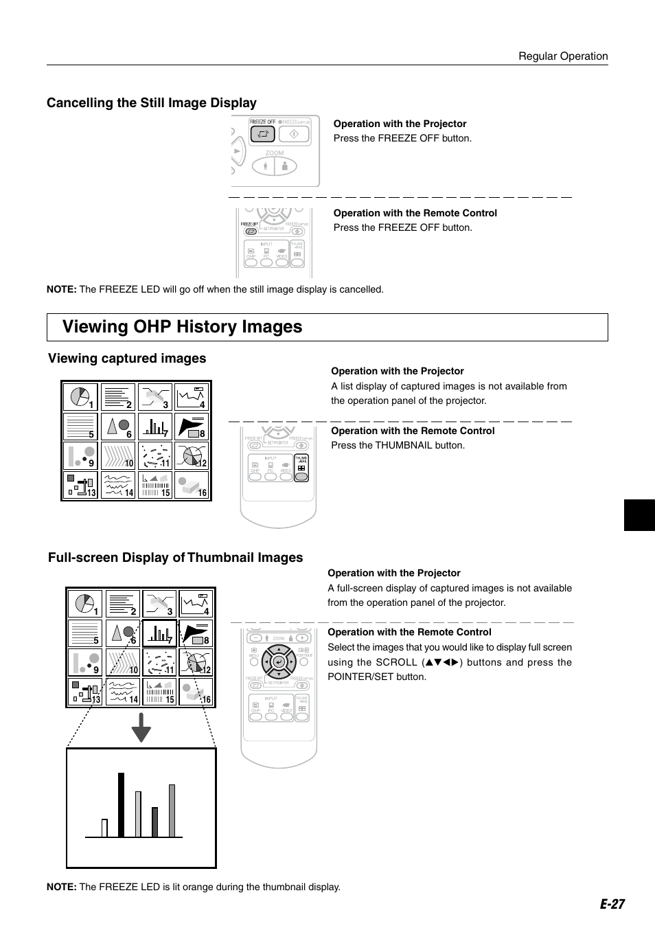 Viewing ohp history images, E-27 viewing captured images, Full-screen display of thumbnail images | Cancelling the still image display | Compaq iP-25E User Manual | Page 27 / 48