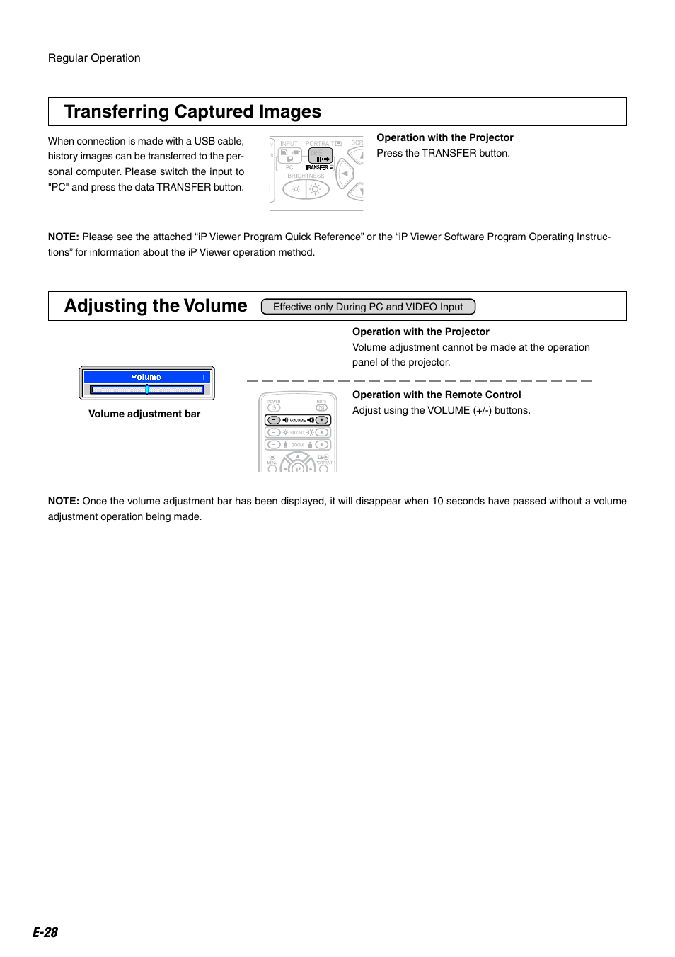 Transferring captured images, Adjusting the volume, E-28 | Compaq iP-25E User Manual | Page 28 / 48