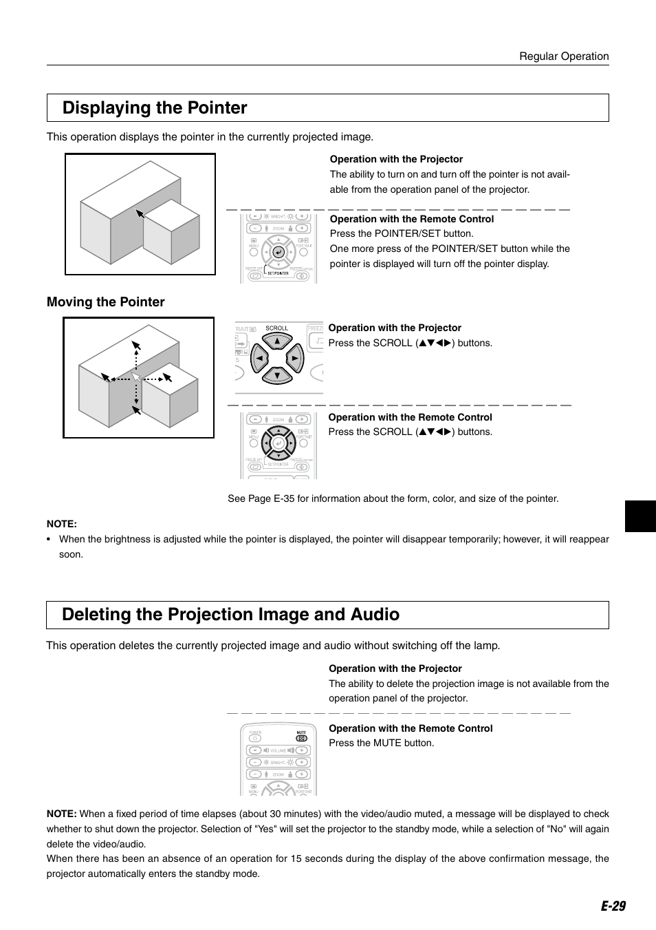 Displaying the pointer, Deleting the projection image and audio, E-29 | Moving the pointer | Compaq iP-25E User Manual | Page 29 / 48