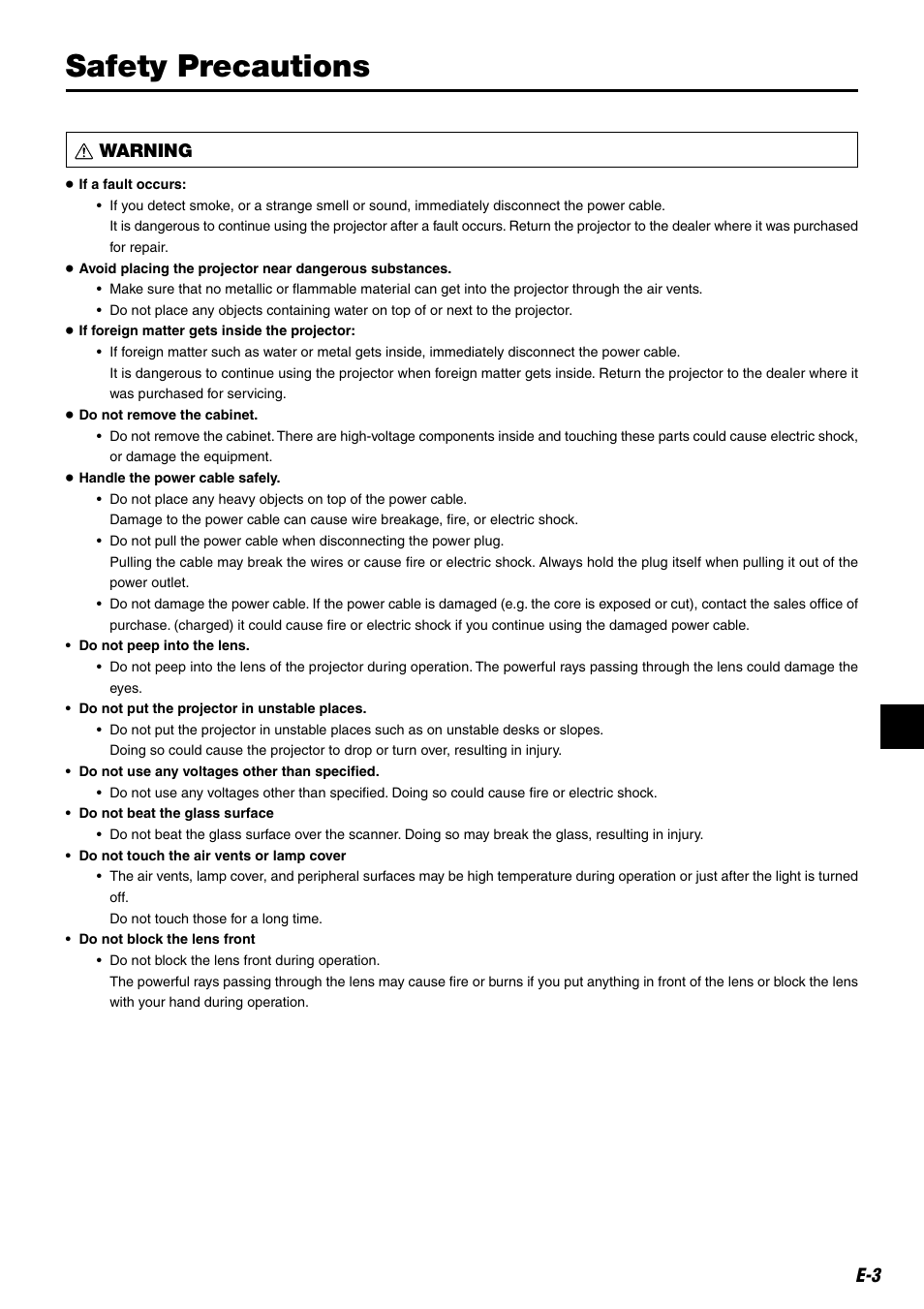 Safety precautions, E-3 warning | Compaq iP-25E User Manual | Page 3 / 48